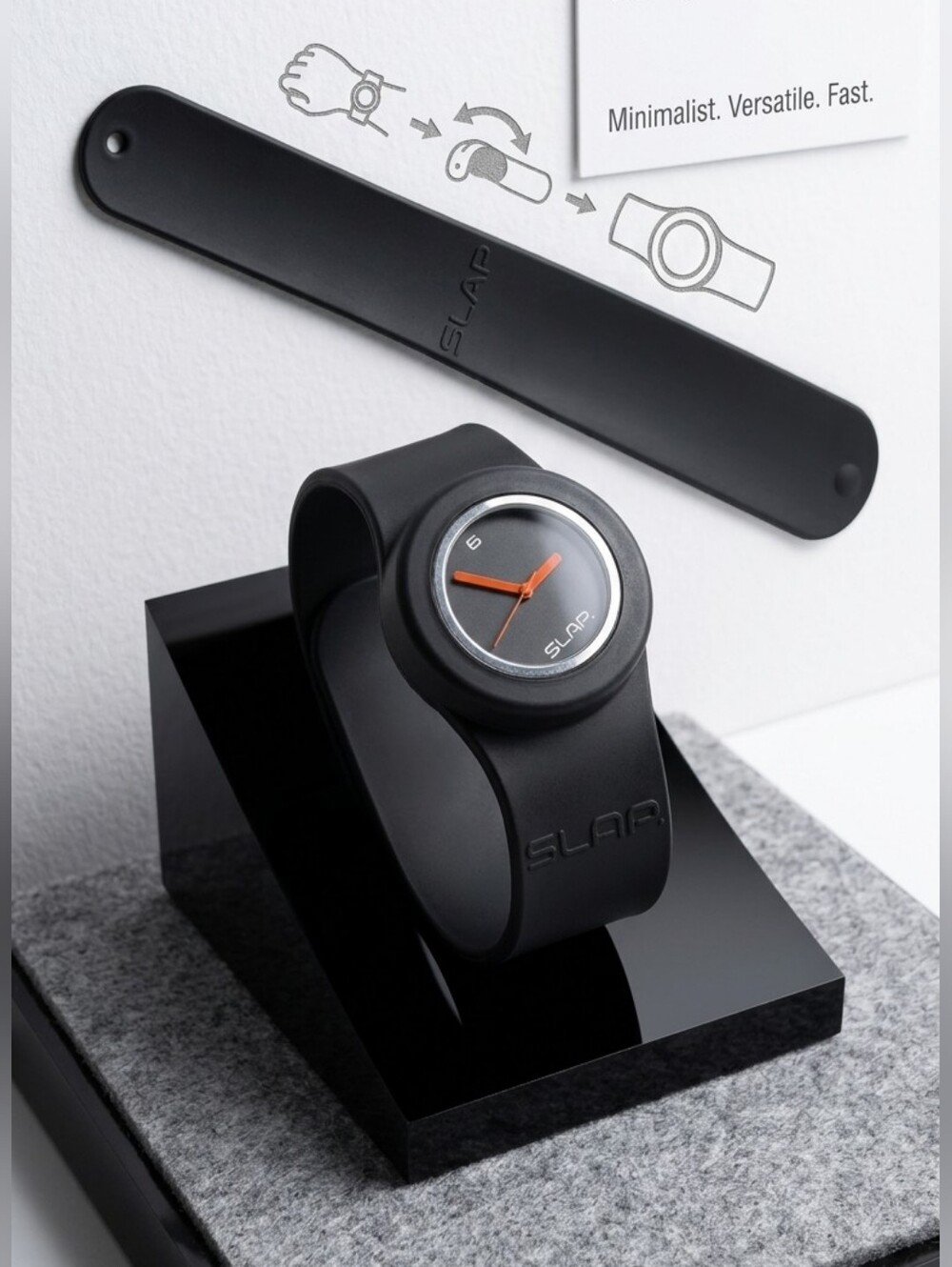 Black SLAP Watch Orange Hands Silicone Snap Band Unisex